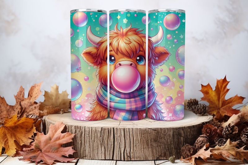 20oz Skinny Sublimation Tumbler Wrap Print - Highland Cow Bubble Gum
