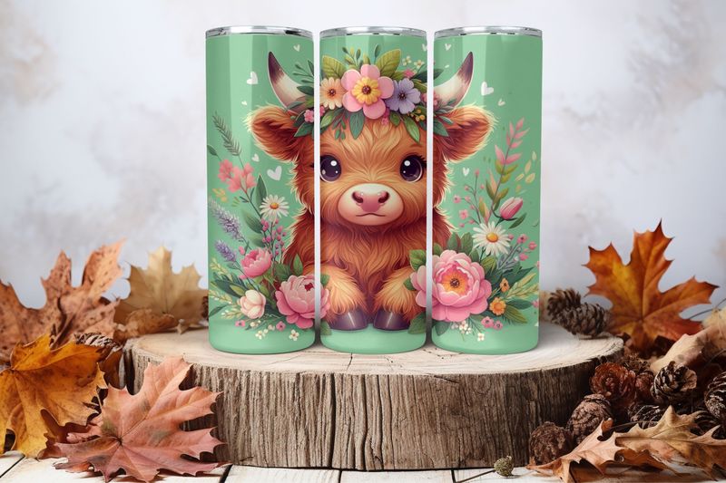 20oz Skinny Sublimation Tumbler Wrap Print - Highland Cow Flowers Green