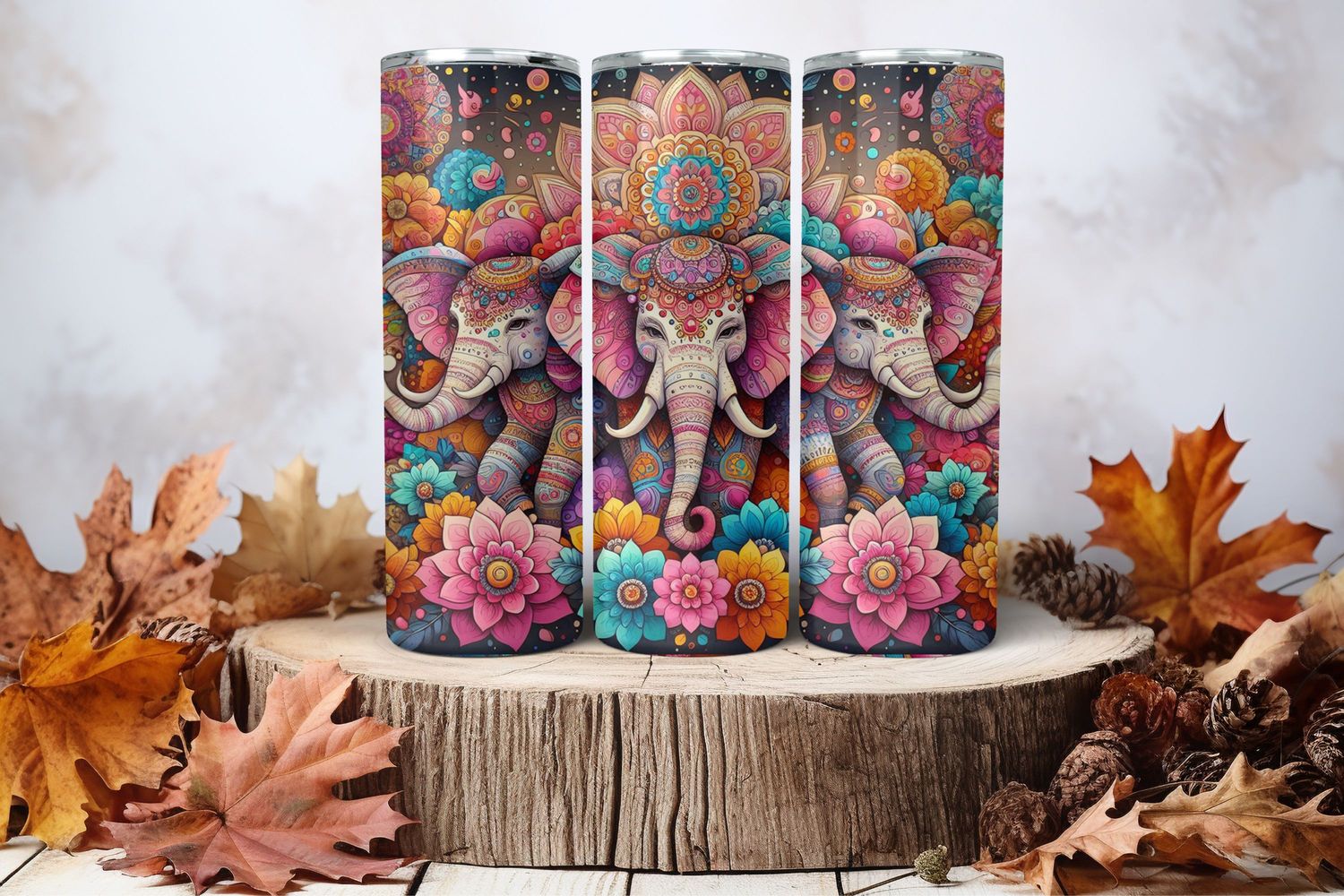 20oz Skinny Sublimation Tumbler Wrap Print - Elephants Colourful