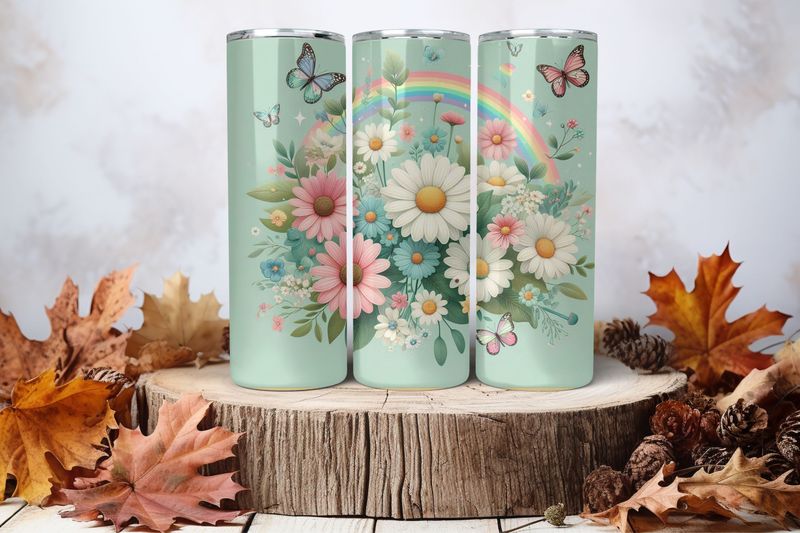20oz Skinny Sublimation Tumbler Wrap Print - Flowers Mint Green