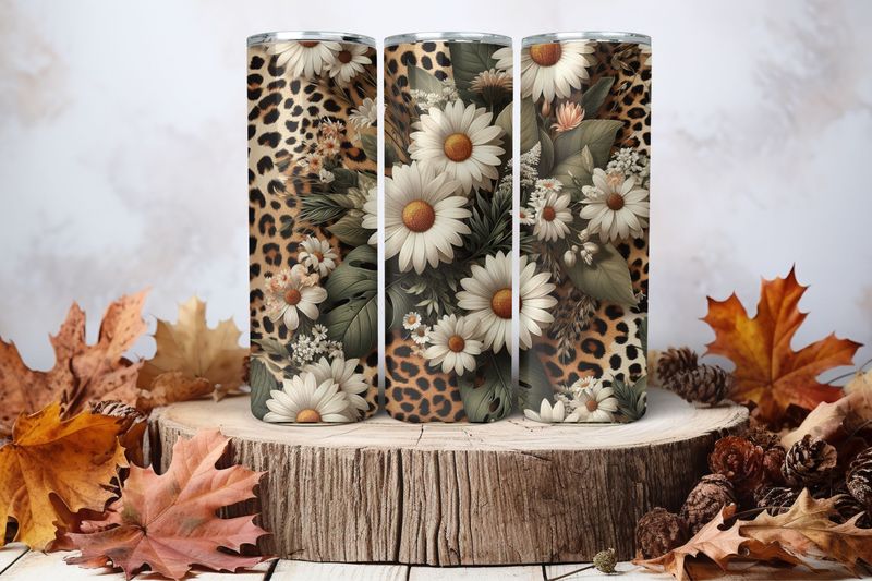 20oz Skinny Sublimation Tumbler Wrap Print - Leopard Print Daisies