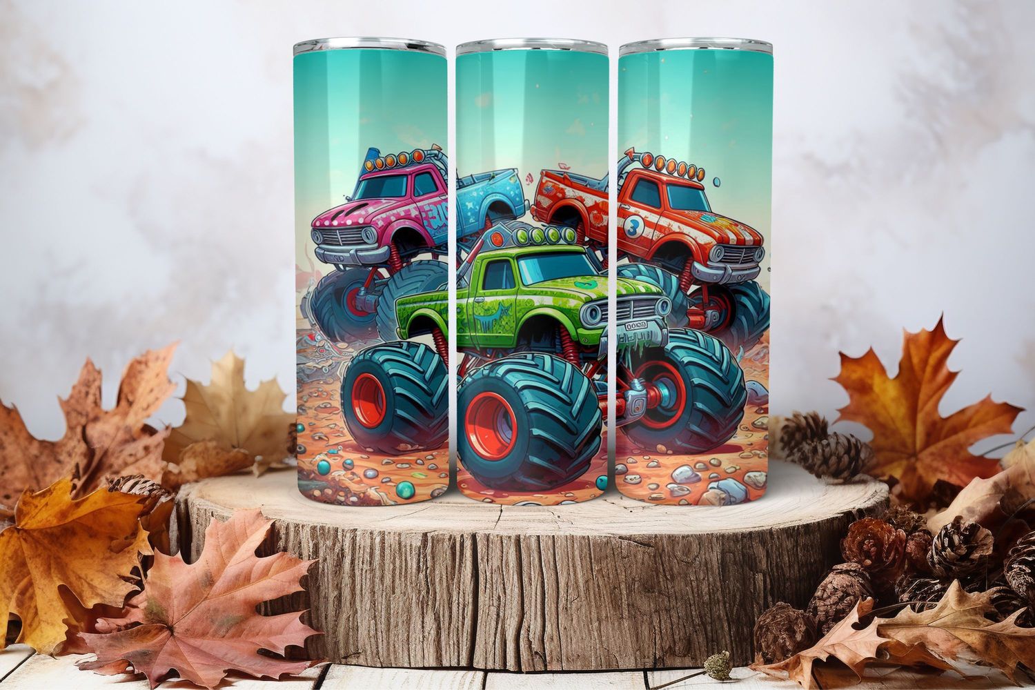 20oz Skinny Sublimation Tumbler Wrap Print - Monster Trucks