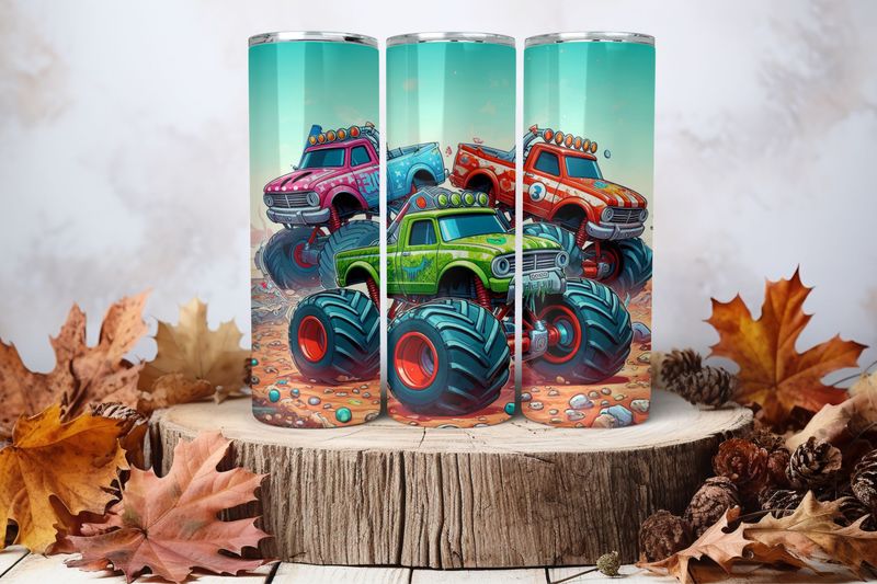 20oz Skinny Sublimation Tumbler Wrap Print - Monster Trucks