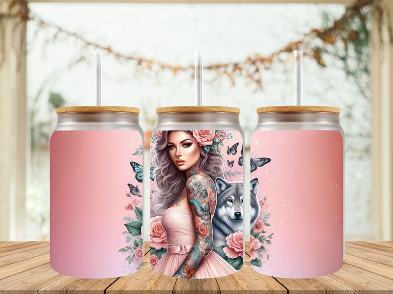 16oz Sublimation Tumbler Wrap Print - Tattooed Girl With Wolf