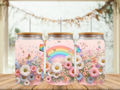 16oz Sublimation Tumbler Wrap Print - Flowers With Rainbow &amp; Butterflies