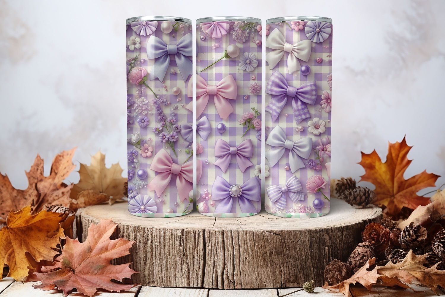 20oz Skinny Sublimation Tumbler Wrap Print - Checkered Purple Bows