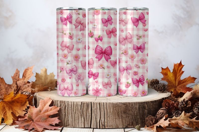 20oz Skinny Sublimation Tumbler Wrap Print - Checkered Pink Bows