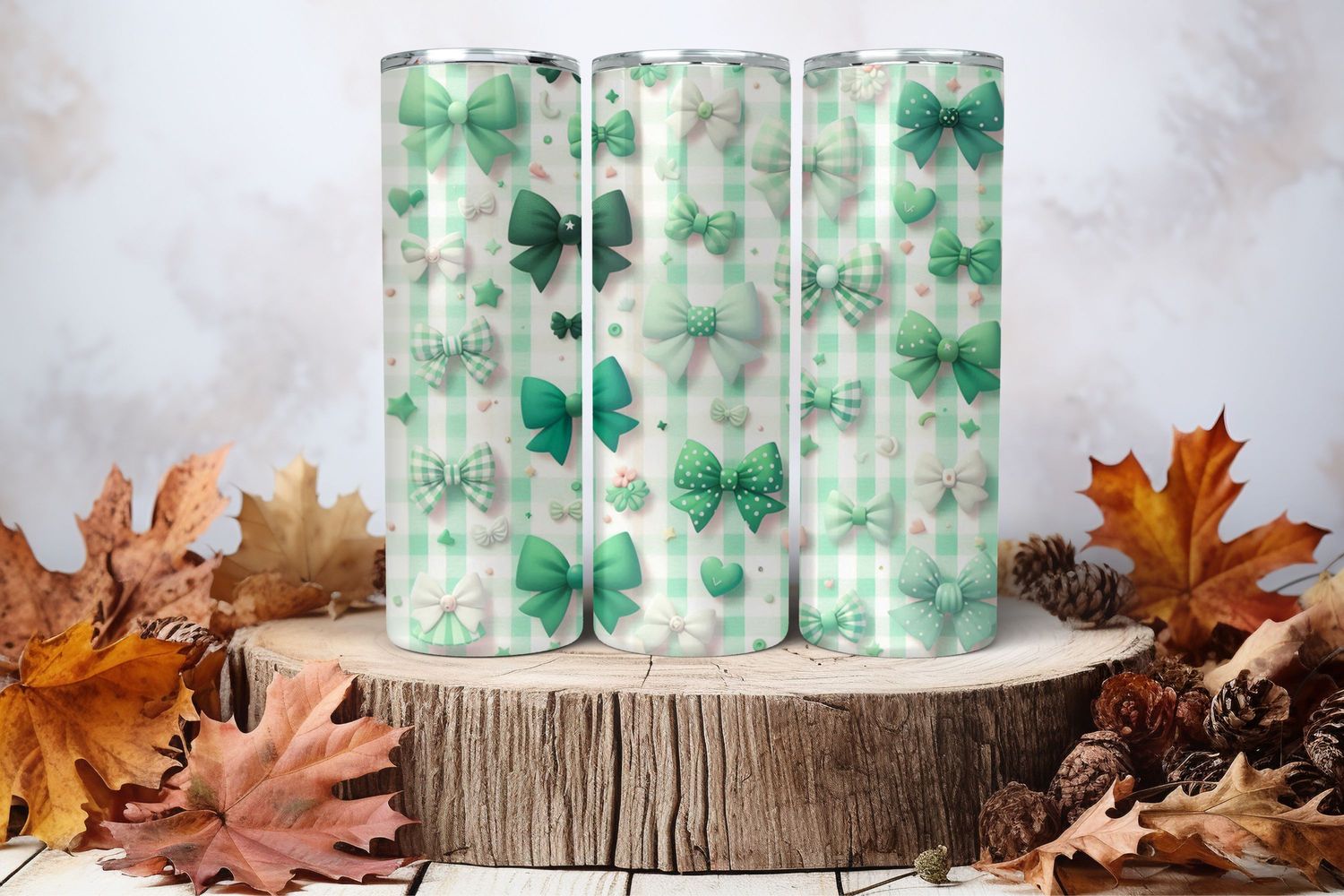 20oz Skinny Sublimation Tumbler Wrap Print - Checkered Green Bows