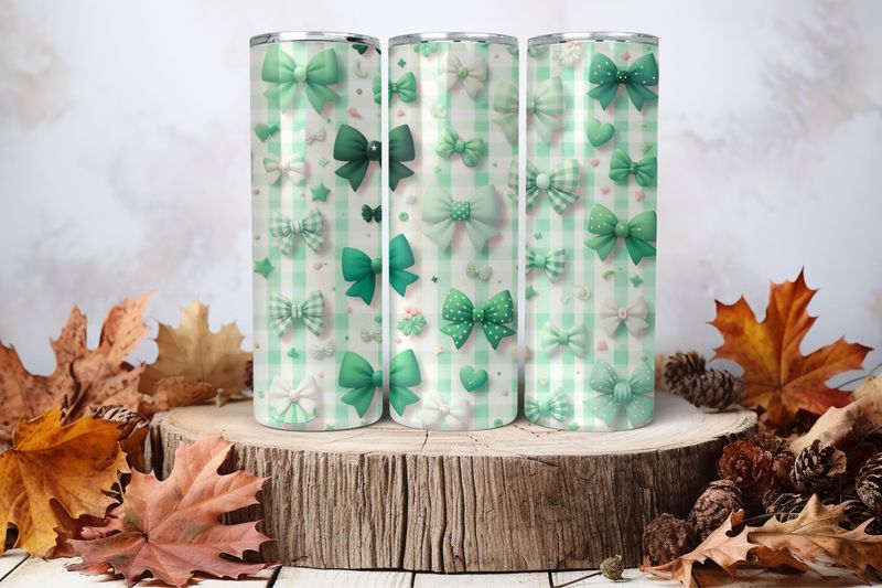 20oz Skinny Sublimation Tumbler Wrap Print - Checkered Green Bows