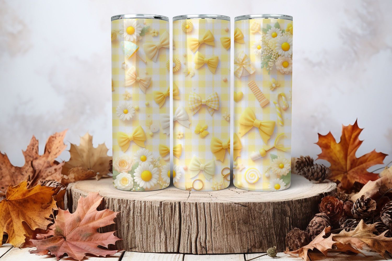 20oz Skinny Sublimation Tumbler Wrap Print - Checkered Yellow Bows