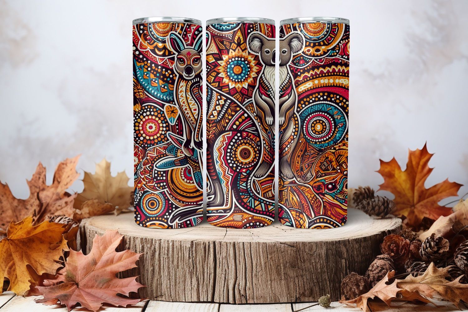 20oz Skinny Sublimation Tumbler Wrap Print - Aboriginal Kangaroo &amp; Koala