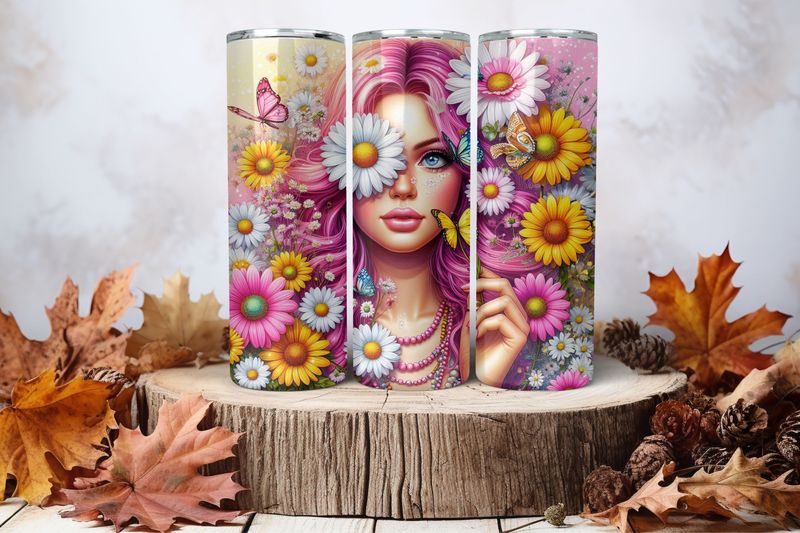 20oz Skinny Sublimation Tumbler Wrap Print - Lady With Daisies &amp; Sunflowers