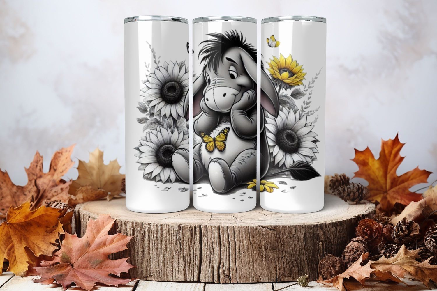 20oz Skinny Sublimation Tumbler Wrap Print - Eeyore Black &amp; White With Sunflower