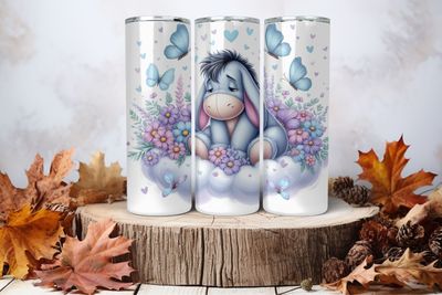 20oz Skinny Sublimation Tumbler Wrap Print - Eeyore On Cloud With Butterflies