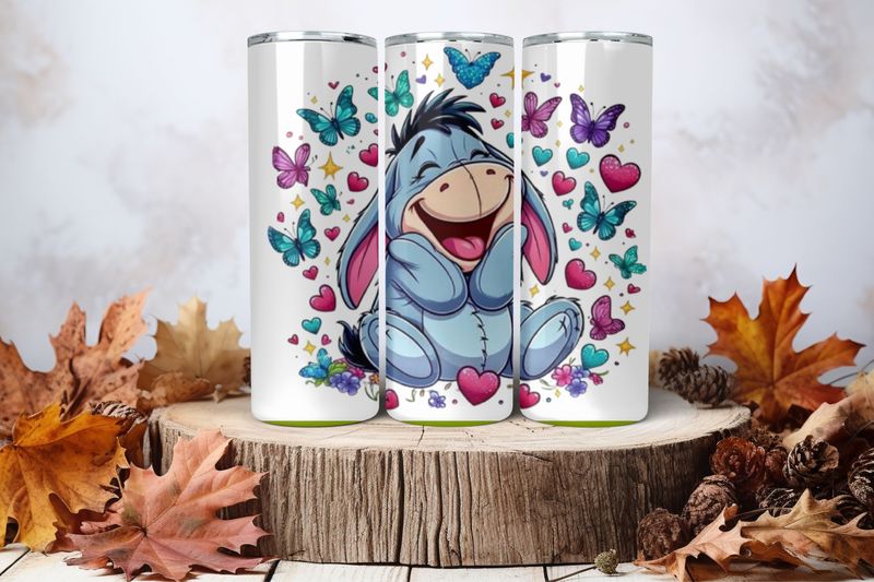 20oz Skinny Sublimation Tumbler Wrap Print - Eeyore Happy With Butterflies