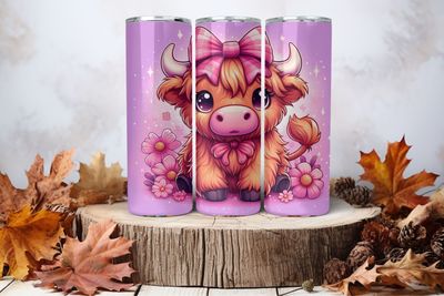 20oz Skinny Sublimation Tumbler Wrap Print - Highland Cow Pink Bow