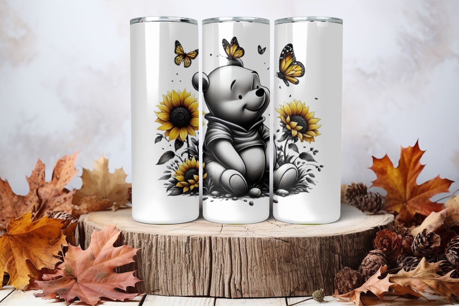 20oz Skinny Sublimation Tumbler Wrap Print - Winnie The Pooh Black &amp; White With Butterflies &amp; Sunflowers