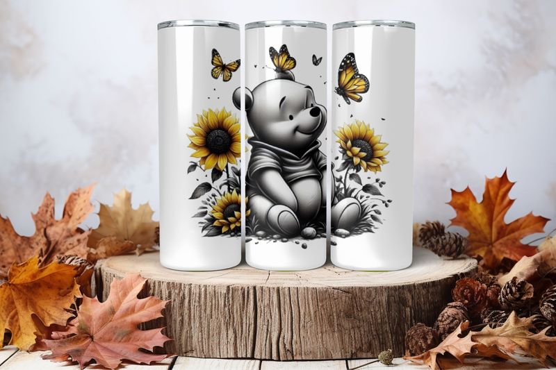 20oz Skinny Sublimation Tumbler Wrap Print - Winnie The Pooh Black &amp; White With Butterflies &amp; Sunflowers