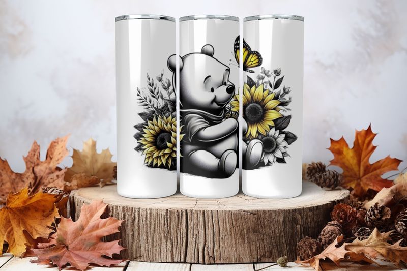 20oz Skinny Sublimation Tumbler Wrap Print - Winnie The Pooh Black &amp; White With Butterflies &amp; Sunflowers 2nd