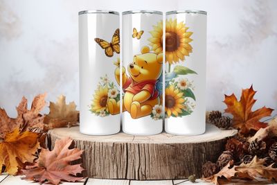 20oz Skinny Sublimation Tumbler Wrap Print - Winnie The Pooh With Sunflowers