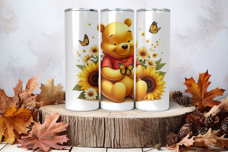 20oz Skinny Sublimation Tumbler Wrap Print - Winnie The Pooh With Butterflies &amp; Sunflowers