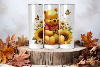 20oz Skinny Sublimation Tumbler Wrap Print - Winnie The Pooh With Butterflies &amp; Sunflowers