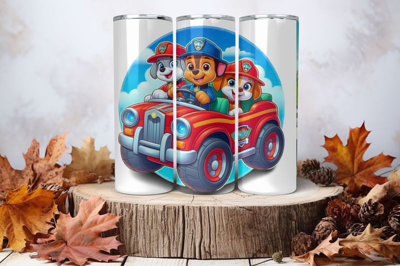 20oz Skinny Sublimation Tumbler Wrap Print - Paw Patrol In Car
