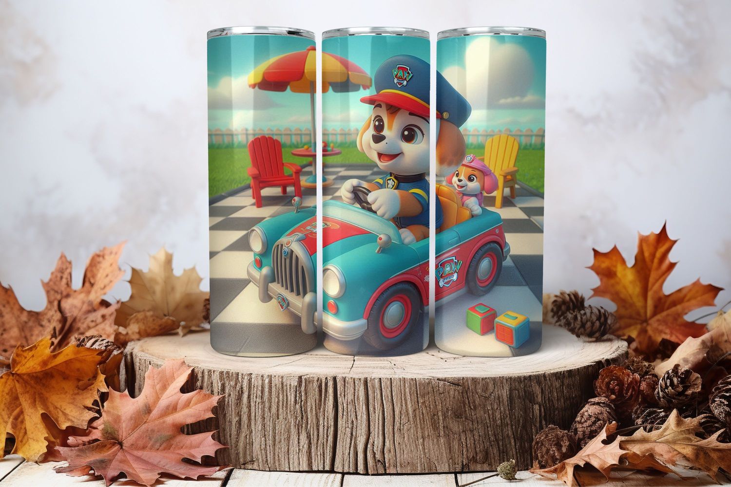 20oz Skinny Sublimation Tumbler Wrap Print - Paw Patrol In Car Beach