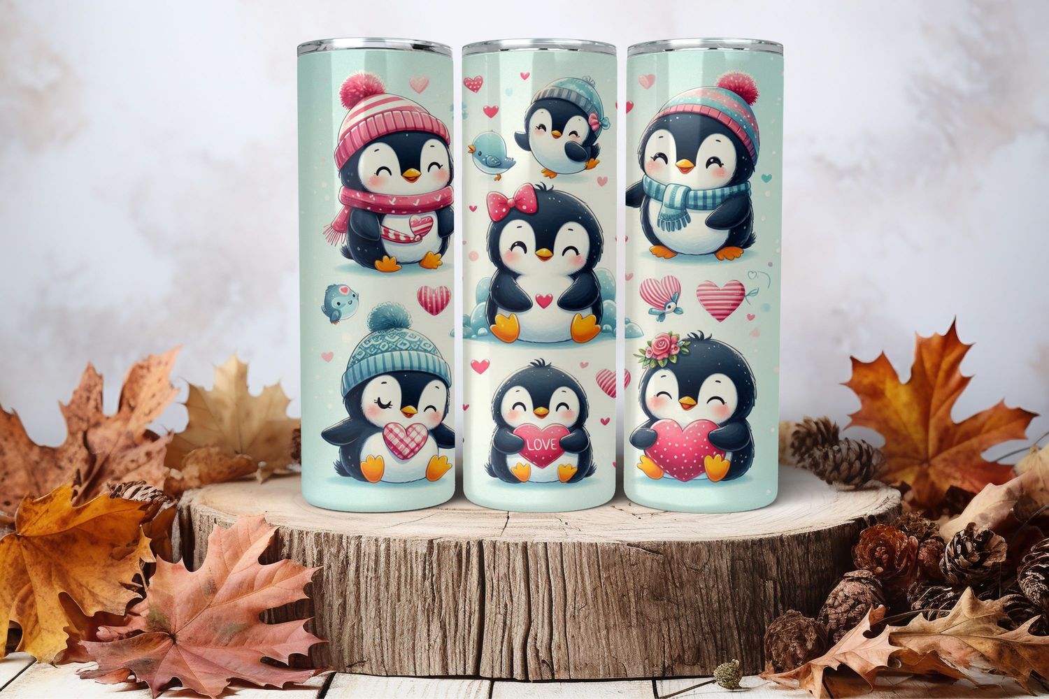 20oz Skinny Sublimation Tumbler Wrap Print - Cute Penguins
