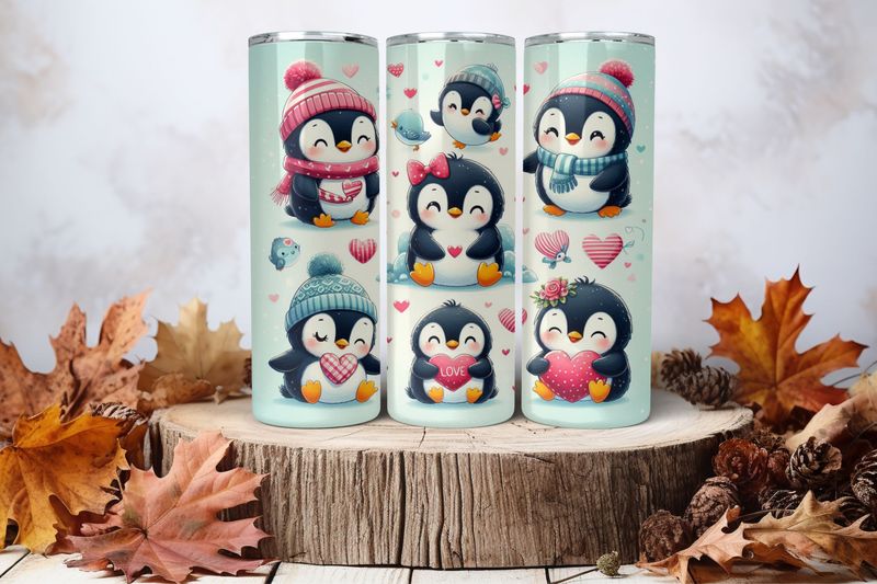 20oz Skinny Sublimation Tumbler Wrap Print - Cute Penguins