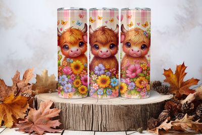 20oz Skinny Sublimation Tumbler Wrap Print - Three Highland Cows Checkered Back