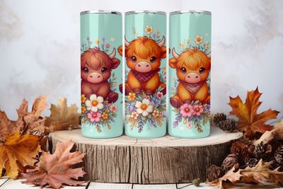 20oz Skinny Sublimation Tumbler Wrap Print - Three Highland Cows Mint Green Background