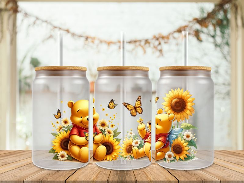 16oz Sublimation Tumbler Wrap Print - Winnie The Pooh With Sunflowers