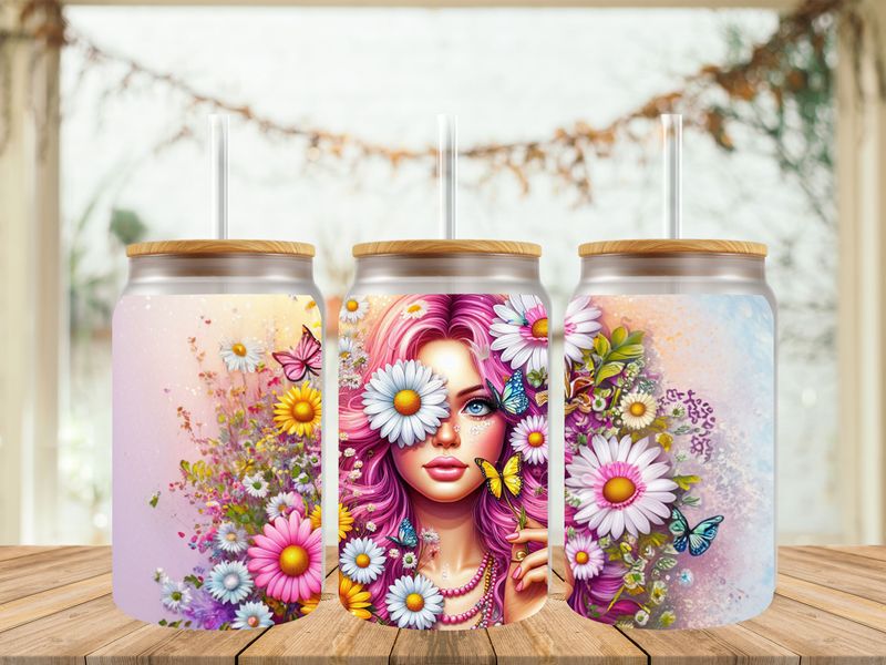 16oz Sublimation Tumbler Wrap Print - Pretty Lady With Flowers