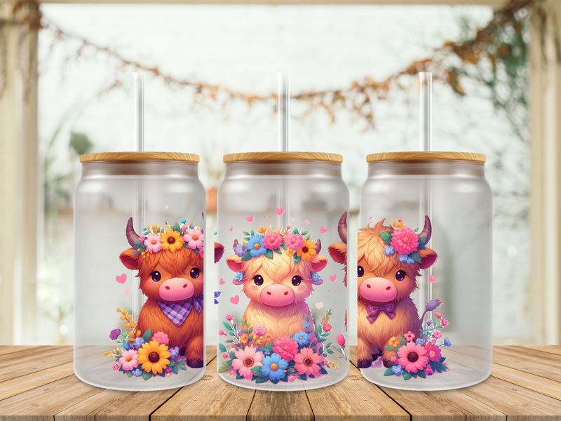 16oz Sublimation Tumbler Wrap Print - Three Highland Cows With Flowers