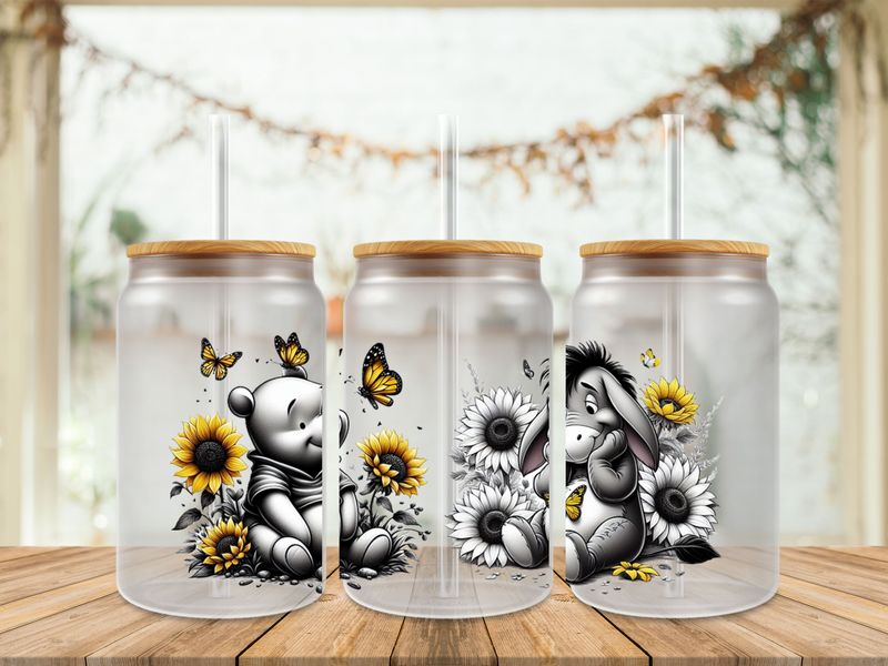 16oz Sublimation Tumbler Wrap Print - Pooh &amp; Eeyore In Black &amp; White WIth Sunflowers