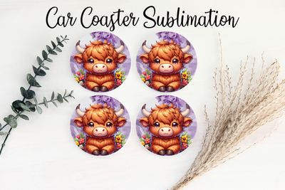 Car Coaster Sublimation Print - Highland Cow With Purple Background