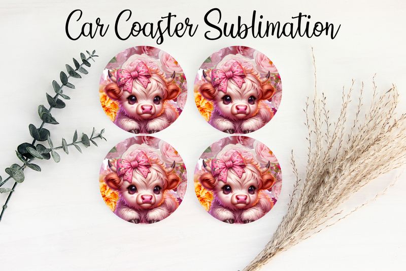 Car Coaster Sublimation Print - Highland Cow With Pink Bow