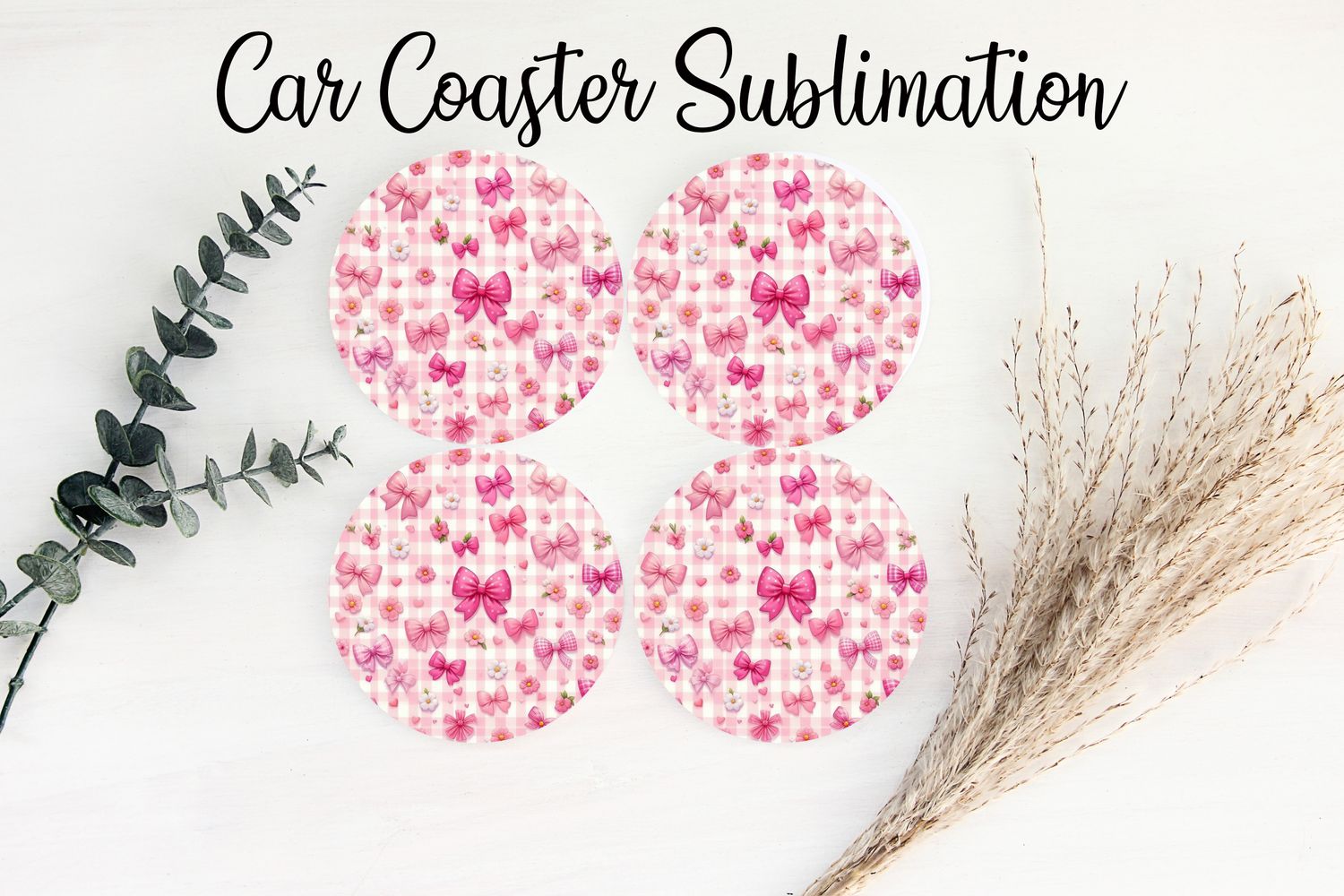 Car Coaster Sublimation Print - Checkered Pink Bows