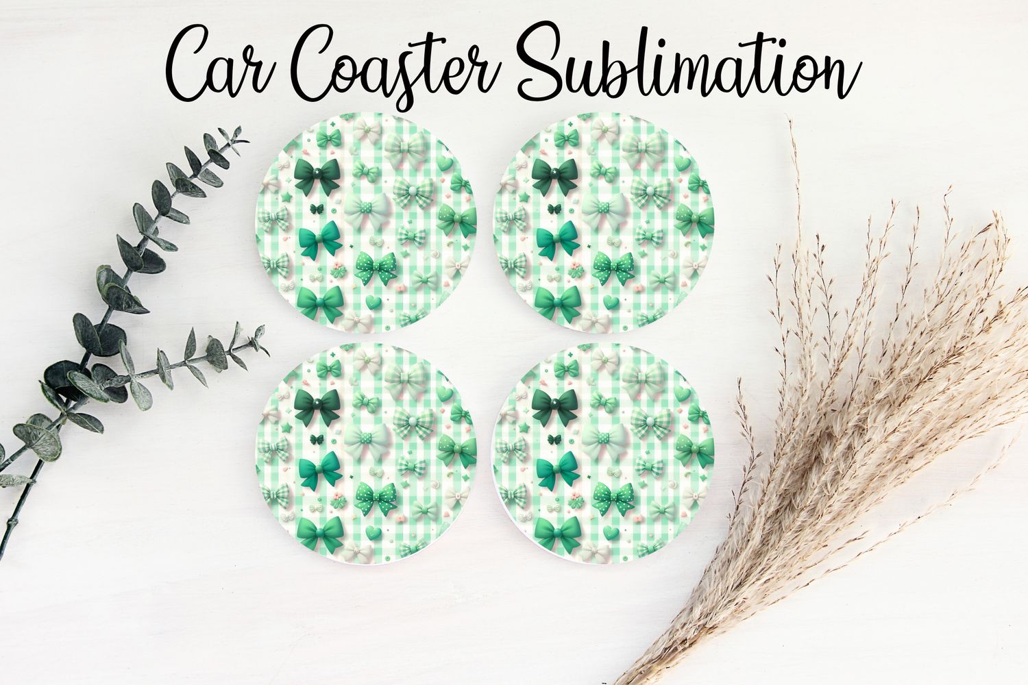 Car Coaster Sublimation Print - Checkered Green Bows