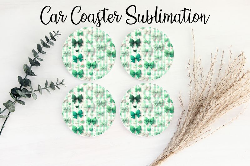 Car Coaster Sublimation Print - Checkered Green Bows