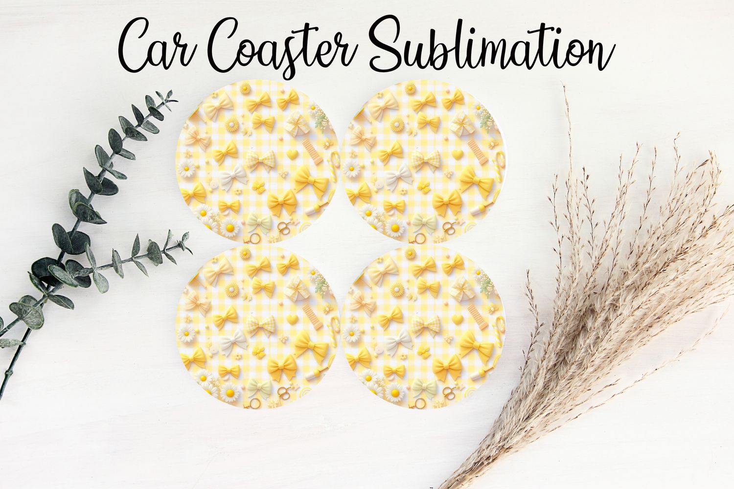 Car Coaster Sublimation Print - Checkered Yellow Bows
