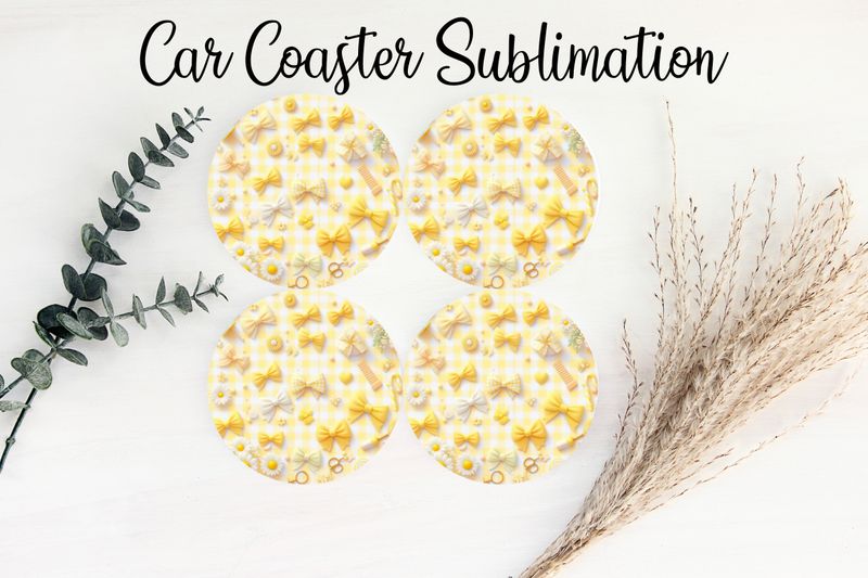 Car Coaster Sublimation Print - Checkered Yellow Bows