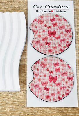 Checkered Pink Bows Car Coaster