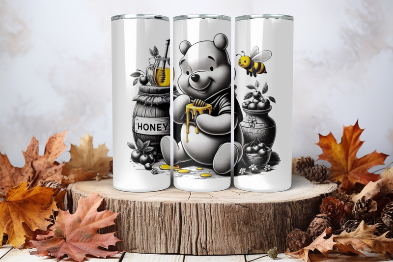 20oz Skinny Sublimation Tumbler Wrap Print - Winnie The Pooh Black &amp; White With Honey