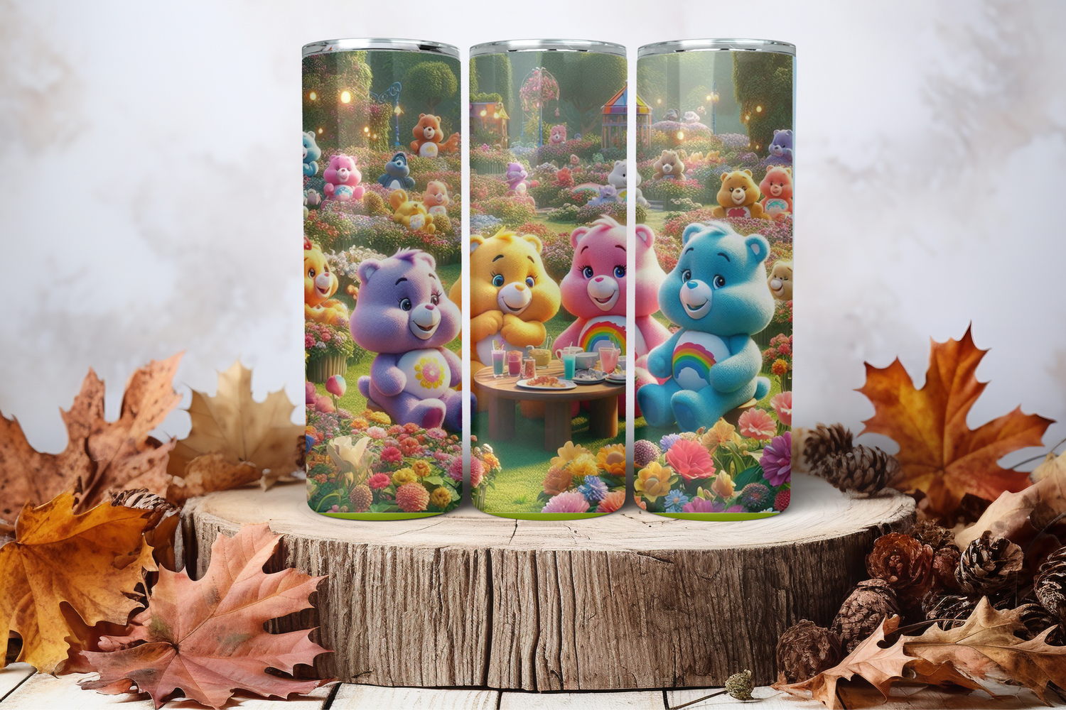 20oz Skinny Sublimation Tumbler Wrap Print - Cute Bears In Garden