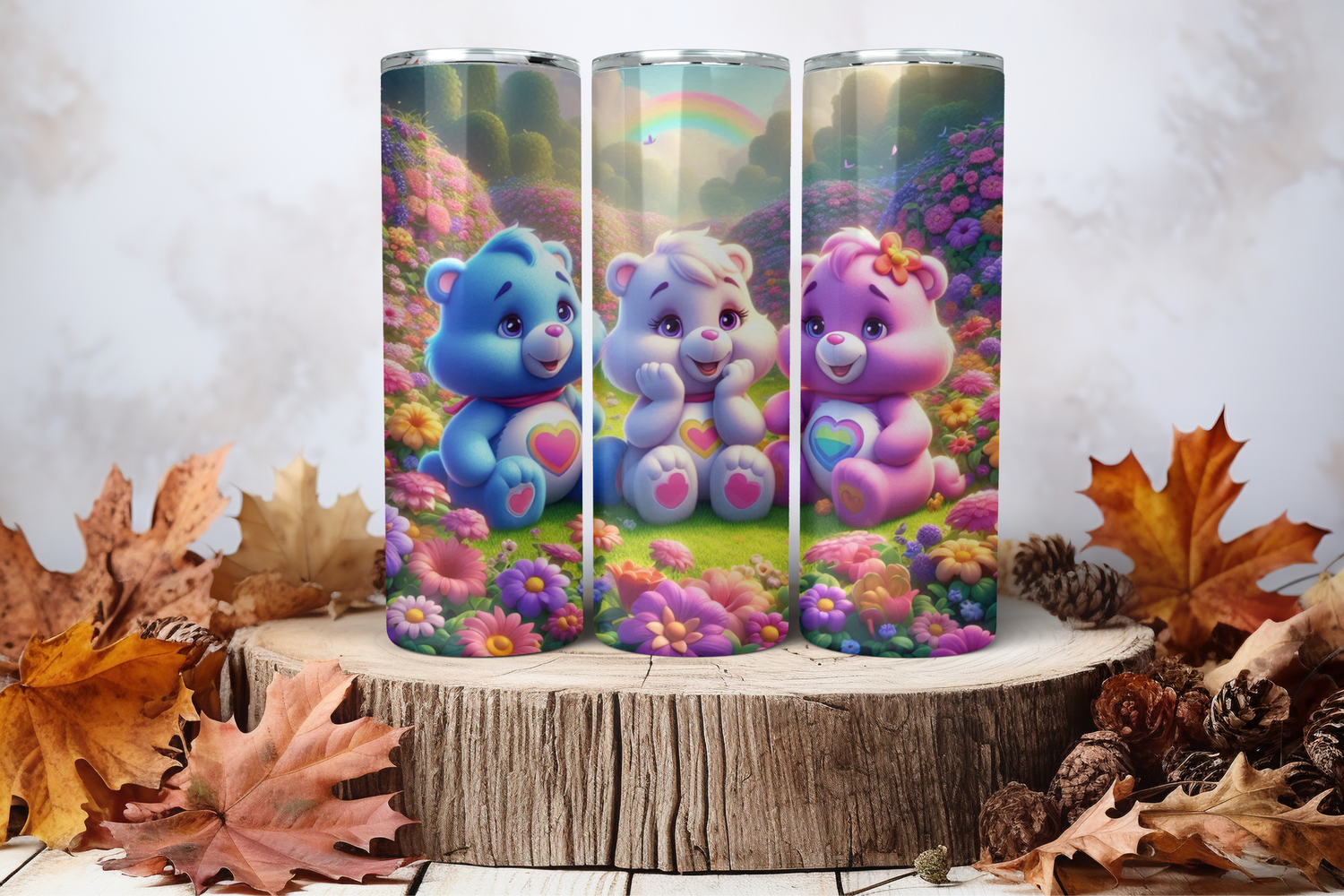 20oz Skinny Sublimation Tumbler Wrap Print - Cute Bears &amp; Flowers