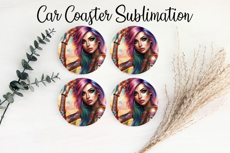 Car Coaster Sublimation Print - Tattooed Girl Purple Hair