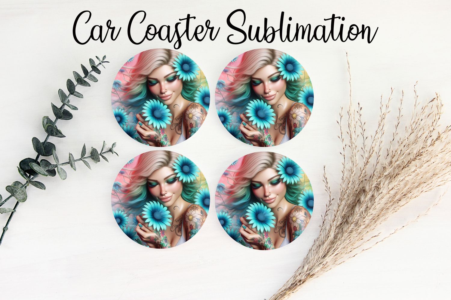 Car Coaster Sublimation Print - Tattooed Girl Baby Blue Flowers