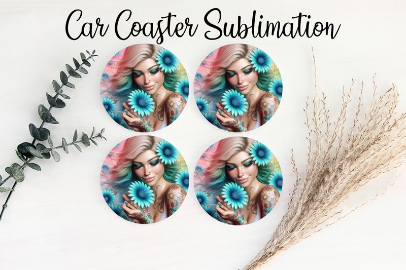 Car Coaster Sublimation Print - Tattooed Girl Baby Blue Flowers